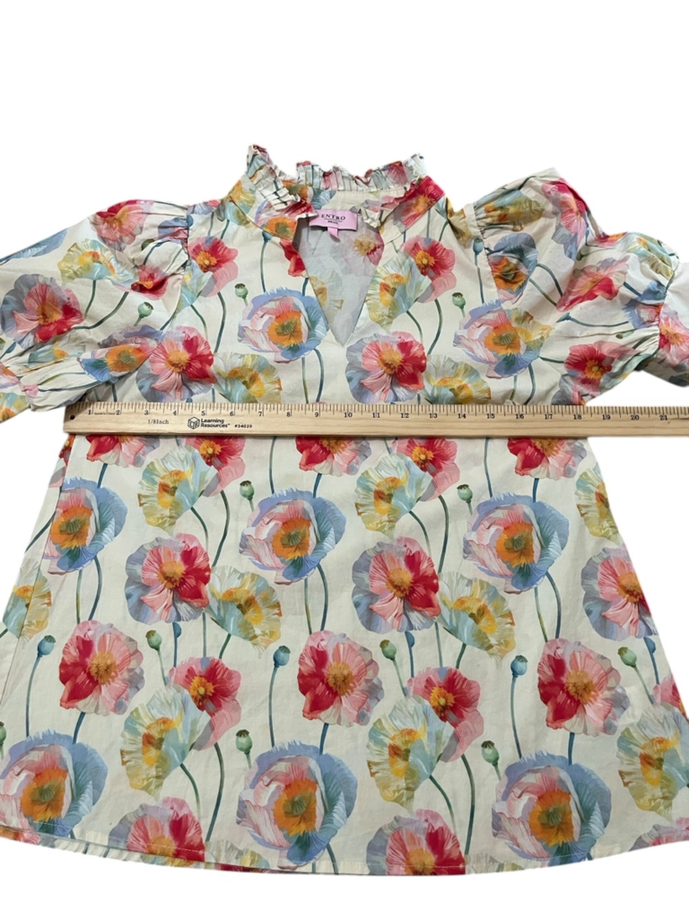 Entro Floral Poppy Ruffle Neck Puff Sleeve Blouse Size Small - Picture 9 of 13